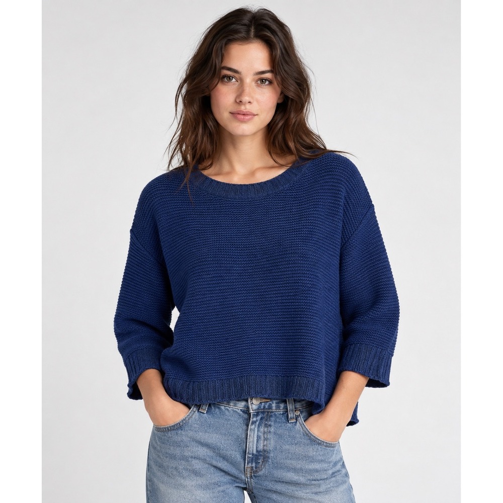 Eileen Fisher Blue Linen Cotton Knit Boxy Boatneck Sweater Womens Small
